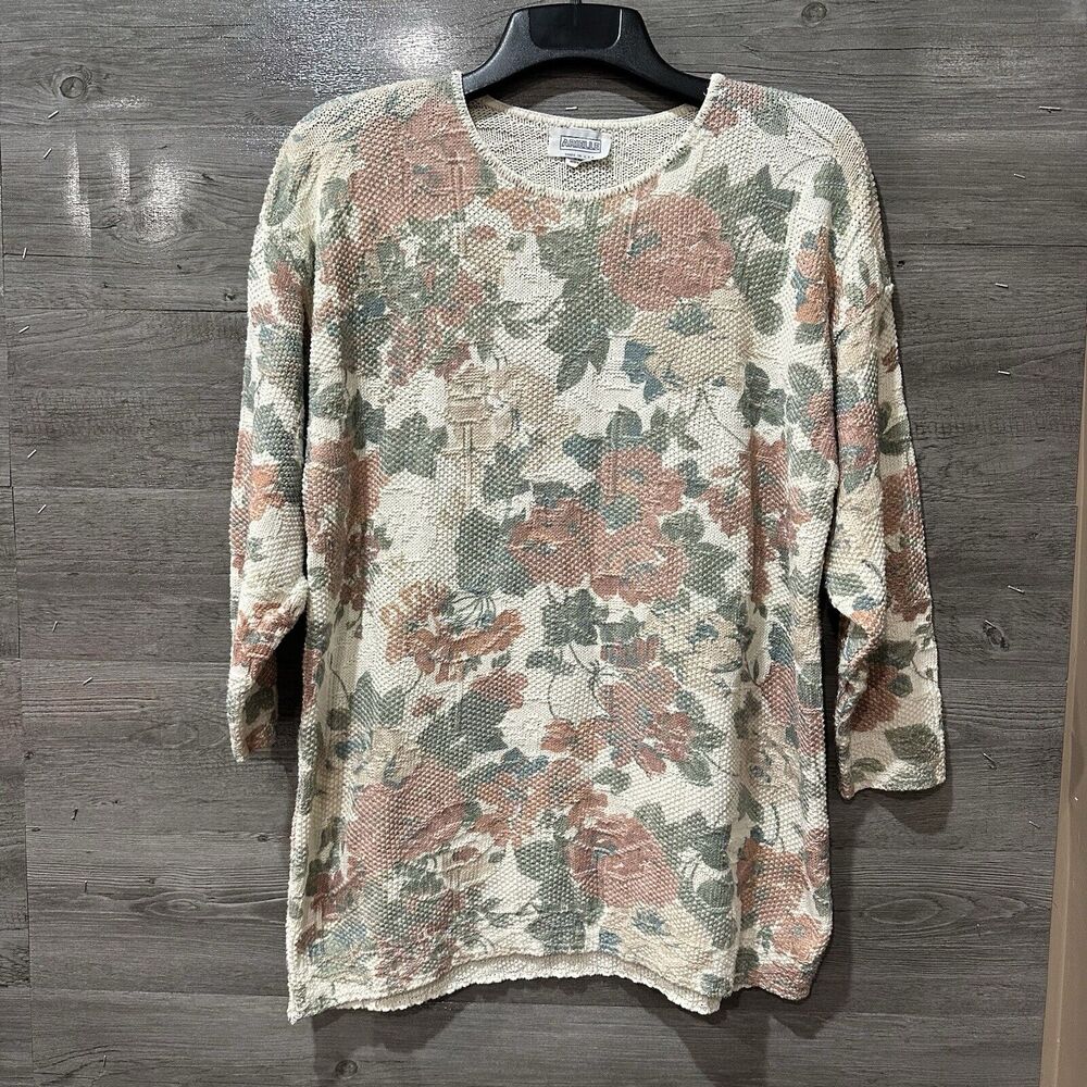 Vtg Arielle Pastel Floral Knit Long Sleeve Sweater Roses Leaves XL